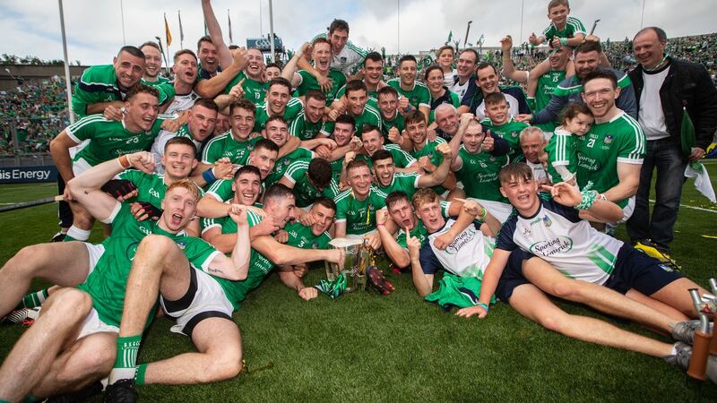 The Limerick team celebrate. Photograph: James Crombie/Inpho