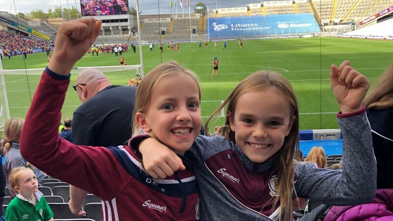 Evie Keeling and Ava Byrne celebrate Galway’s win at last year’s camogie final in Croke Park.