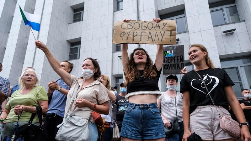 A woman holds a placard reading ‘Freedom for Sergei Furgal during an unauthorised protest over the arrest of the regional governor,  in  Khabarovsk on August 1st. Photograph: Aleksandr Yanyshev/AFP via Getty Images