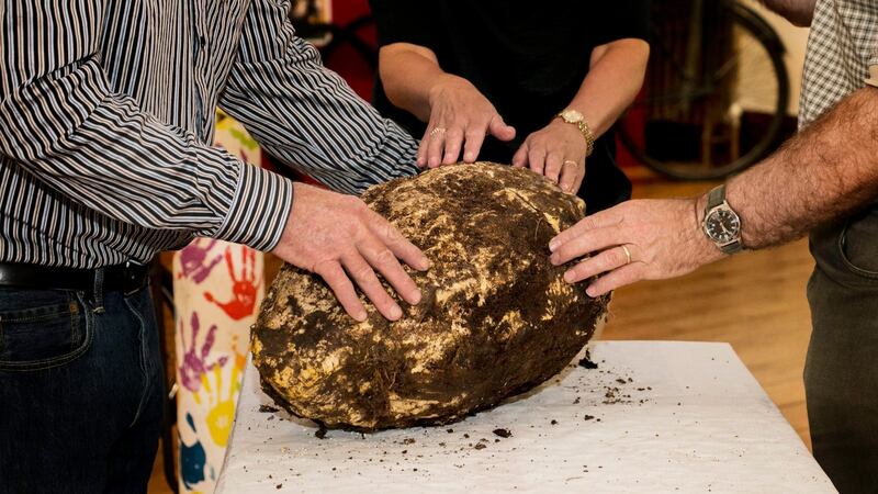 A photo released by  Cavan County Museum of a prehistoric 10kg lump of bog butter thought to have been a gift to the gods, which was found by turf cutters. Photograph: Cavan County Museum/PA Wire