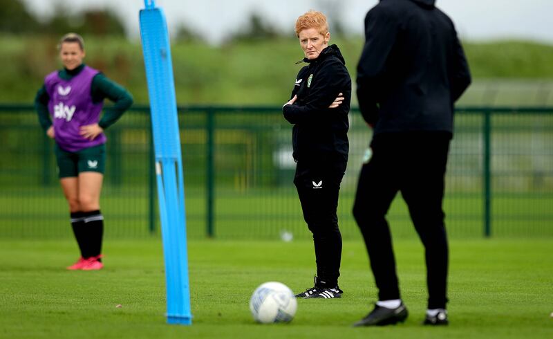 Interim head coach Eileen Gleeson takes a training session at the FAI National Training Centre in Abbotstown. Photograph: Ryan Byrne/Inpho