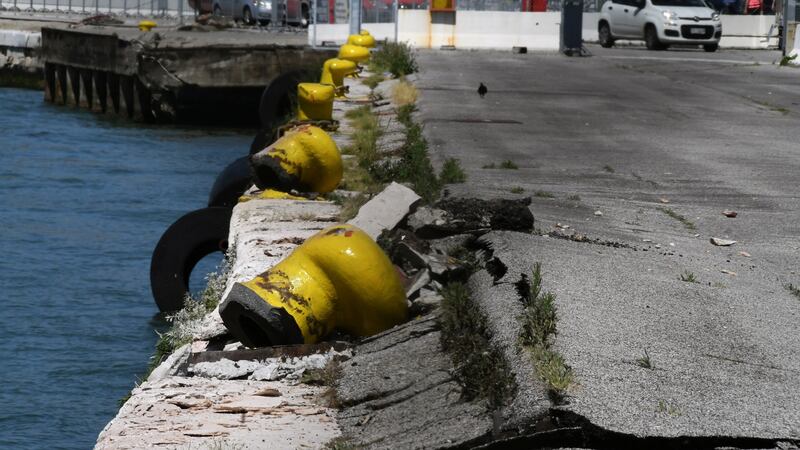 Damage to San Basilio dock in Venice after the MSC Opera cruise ship crashed. Photograph: Manuel Silvestri/Reuters
