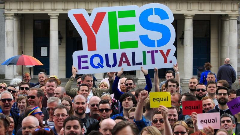 Supporters and campaigners for marriage equality mark the first anniversary of the passing of the referendum at Dublin Castle. Photograph: Gareth Chaney Collins