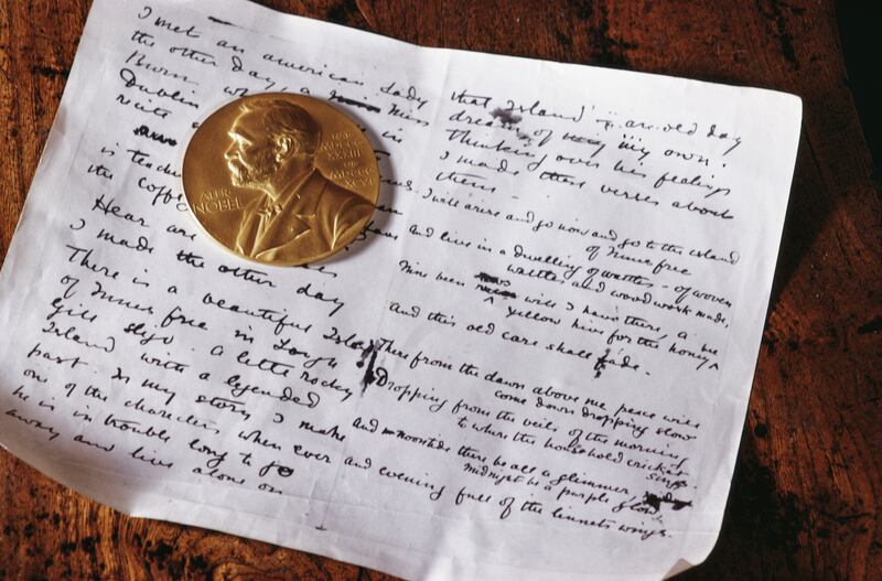 Laureate in literature: the Nobel medal awarded to WB Yeats in 1923, with a manuscript that belonged to the poet. Photograph: RDImages/Epics/Getty