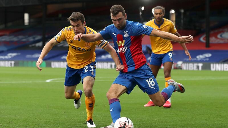 Everton’s Seamus Coleman  Crystal Palace’s James McArthur battle for the ball at Selhurst Park. Photograph: Bradley Collyer/EPA