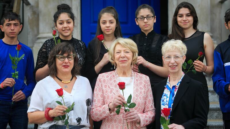 Prof Ethel Brooks Romani Activist, Sabina Higgins and  Lynn Jackson,  Holocaust Education Trust Ireland during Roma Holocaust Memorial Day at The Mansion House, Dublin. Photograph: Gareth Chaney Collins