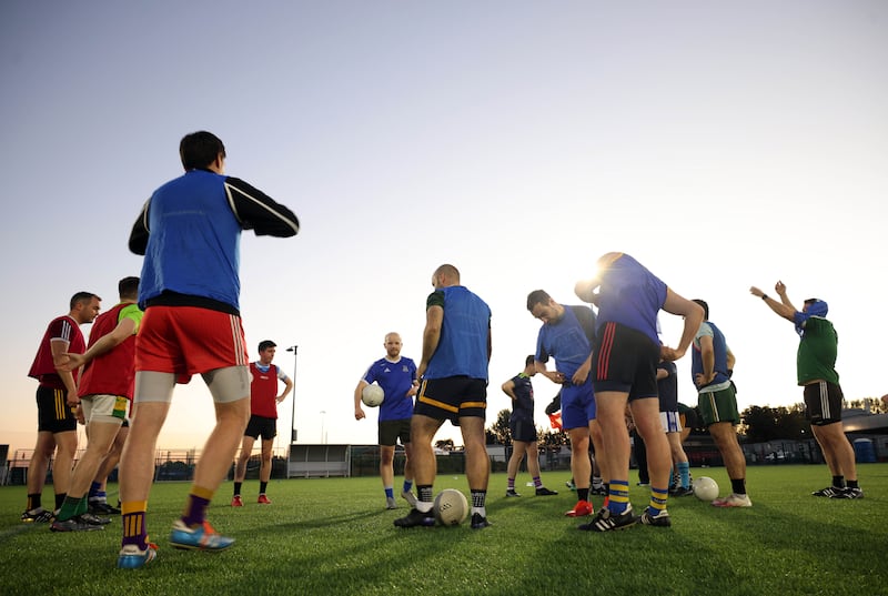 The East Belfast GAA team during a training session at the New Forge Lane sports complex in Belfast. Photograph: Stephen Davison
