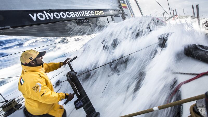 Adil Khalid onboard Abu Dhabi Ocean Racing faces a wall of water in 2015. Photo: Matt Knighton/Abu Dhabi Ocean Racing/Volvo Ocean Race via Getty Images