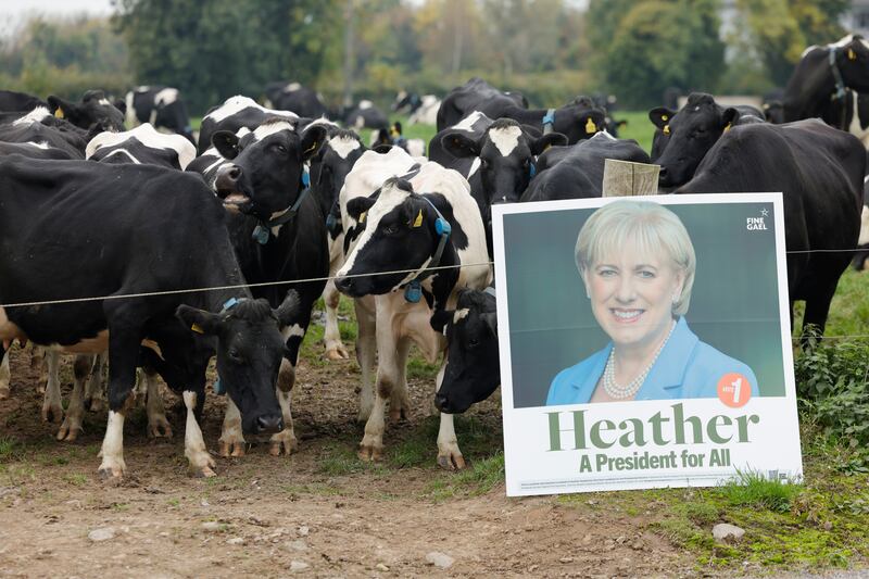 16/10/2025  - Signage for Heather Humphreys, Presidential Candidate 
during  a visit to the farm of  Eddie Downey, Former IFA President at Monknewtown, Slane.
 Photograph: Alan Betson / The Irish Times

