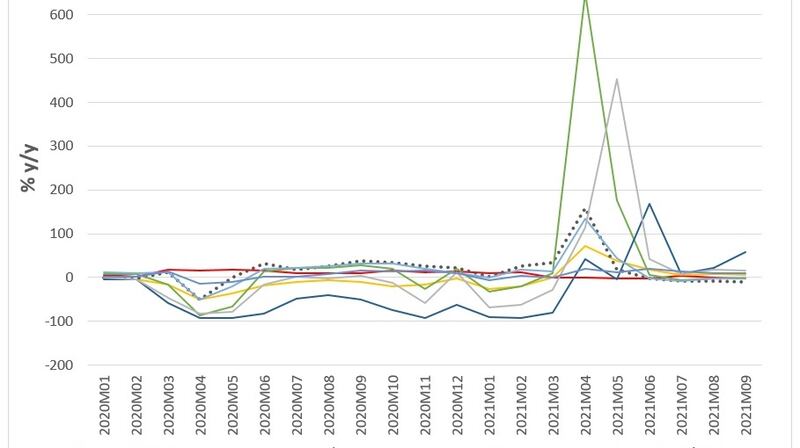Graph: Sales trends by store type over the last two years. Essential retailers selling groceries, pharmaceuticals and fuel held up well as these stores remained open throughout the pandemic