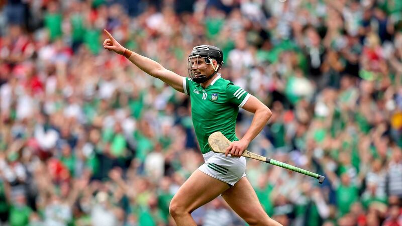 Gearoid Hegarty celebrates scoring Limerick’s third goal in their All-Ireland final rout of Cork. Photograph: Ryan Byrne/Inpho