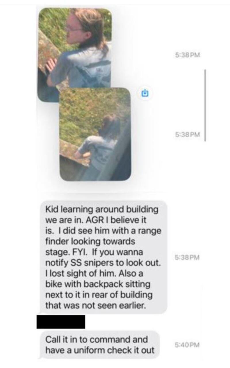 At 5.38pm, another countersniper sent photographs of Crooks outside the AGR International building to a group of local police officers. Screenshot: Beaver County ESU, via Senator Charles Grassley