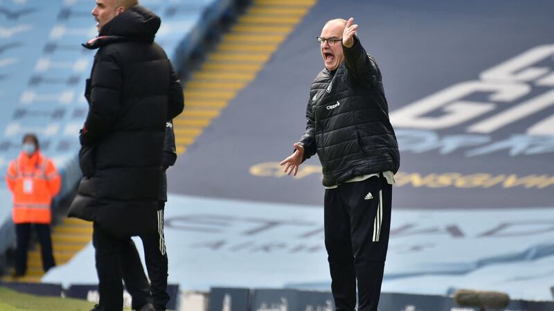 Marcelo Bielsa’s 10-man Leeds beat Manchester City at the Etihad. Photograph: Rui Vieira/getty/AFP