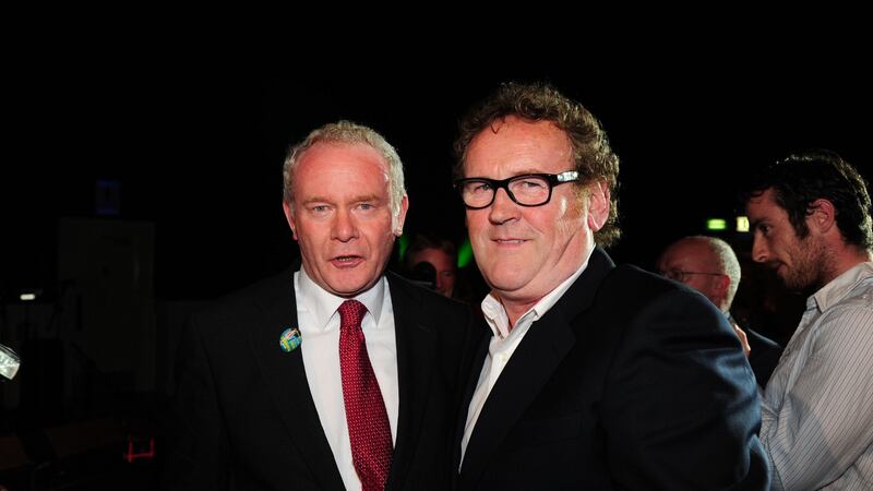 The late Martin McGuinness  with Colm Meaney at a rally  in The Mansion House, Dublin. Photograph: Aidan Crawley