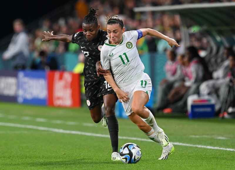 Uchenna Kanu of Nigeria battles for possession with Katie McCabe. Photograph: Bradley Kanaris/Getty