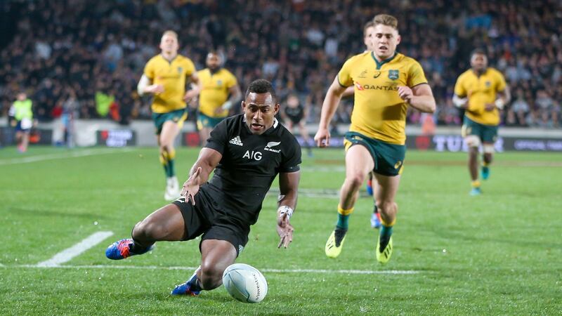 Sevu Reece wins a foot race to touch down for the All Blacks in their heavy win over Australia. Photograph:  David Rowland/EPA