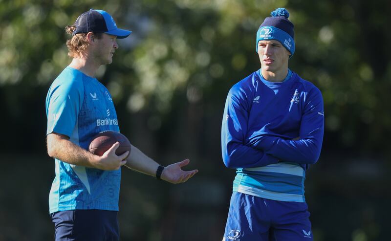 Tyler Bleyendaal (left) and Sam Prendergast in conversation. Photograph: Tom Maher/Inpho