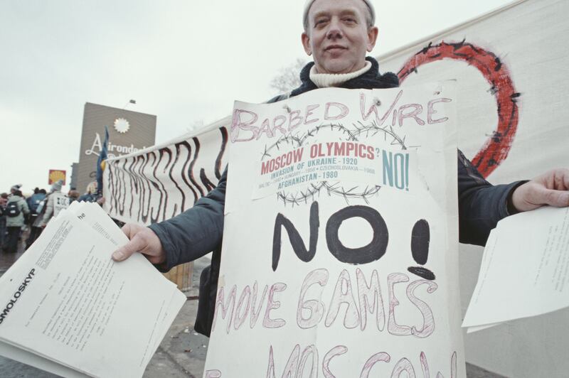 A protester demonstrates against the Moscow summer Olympics boycott during the Opening Ceremony for the XIII Olympic Winter Games on February 14th, 1980, at Lake Placid in the US.  File photograph: Steve Powell/Allsport/Getty Images