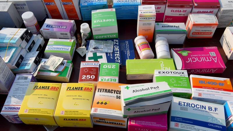 Fake medicines  displayed during a ceremony to destroy 70 tonnes of counterfeit products in Phnom Penh, Cambodia. Photograph: Getty Images