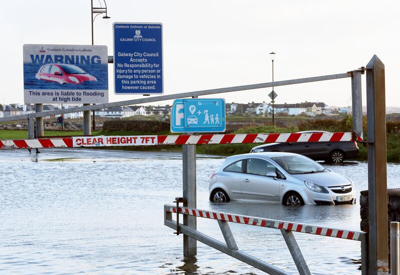 The flooded car park at Toft Park in Salthill after Storm Debi hit Galway on Monday. Photograph: Joe O'Shaughnessy