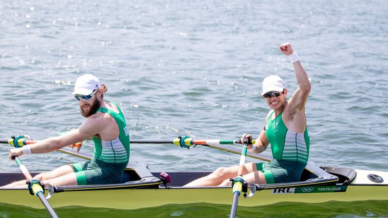 O’Donovan and McCarthy celebrate winning gold. Photo: Morgan Treacy/Inpho