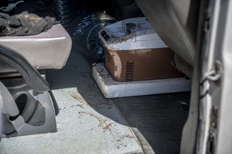 Blood stains were still visible in a vehicle used to transport injured people the day after Friday's violence. Photograph: Sally Hayden