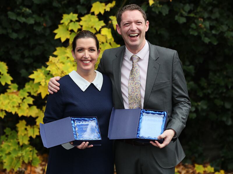 Vicky Phelan and Stephen Teap, whose wife died before she was told that her smear test had been wrongly interpreted, with their Jo Cox Award's in November 2018. Photograph: Brian Lawless/PA