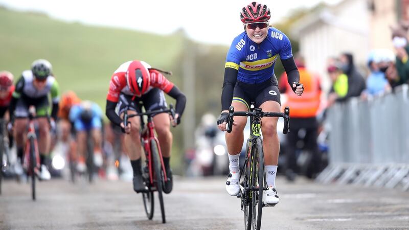 Lara Gillespie of UCD Cycling Club wins Cycling Ireland Senior Womens Road Race Championships in  Limerick. Photograph: INPHO/Bryan Keane