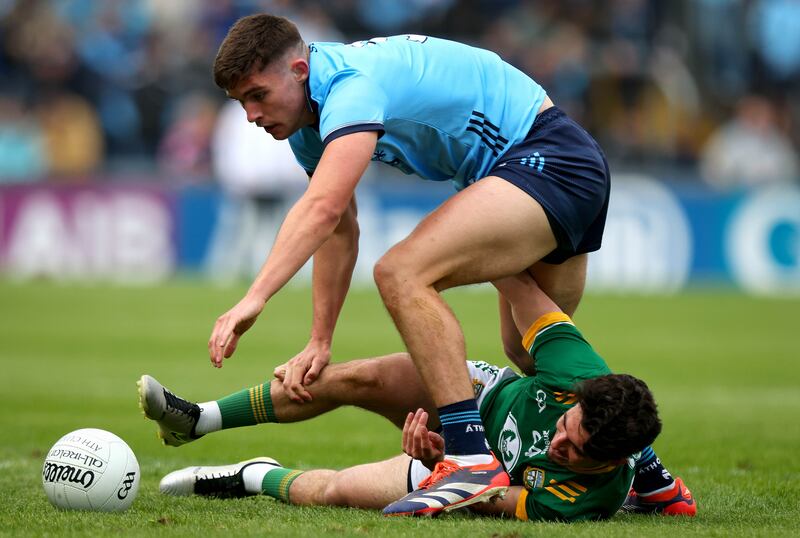Meath’s Aaron Lynch and Theo Clancy of Dublin during the Leinster SFC final that yielded a shock win for Meath. Photograph: Ryan Byrne/Inpho