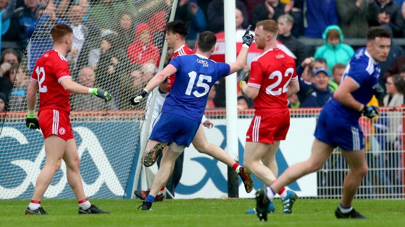 Monaghan’s Conor McManus celebrates scoring his late point against Tyrone.