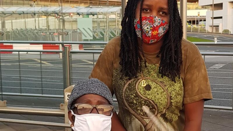 Beverley Prince and her mother Benita Herman outside Dublin Airport. They are  on their way to visit family in Lisburn, Northern Ireland. Photograph: Patsy McGarry
