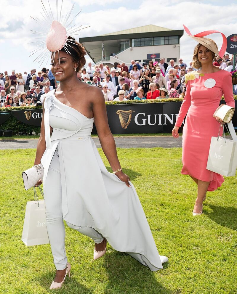Ladies Day winners Pamela Uba from Renmore Galway with Best Hat winner Eileen Lundon from Gort. Photograph:Andrew Downes/Xposure