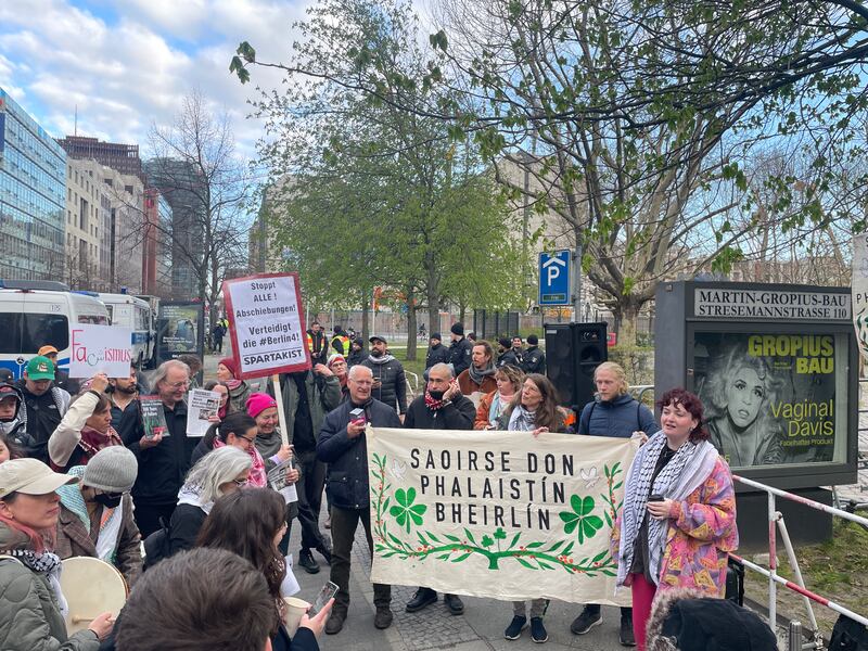Demonstrators supporting Irish pro-Palestine campaigner Shane O'Brien who is facing removal from Berlin later this month in central Berlin on Monday. Photo: Derek Scally