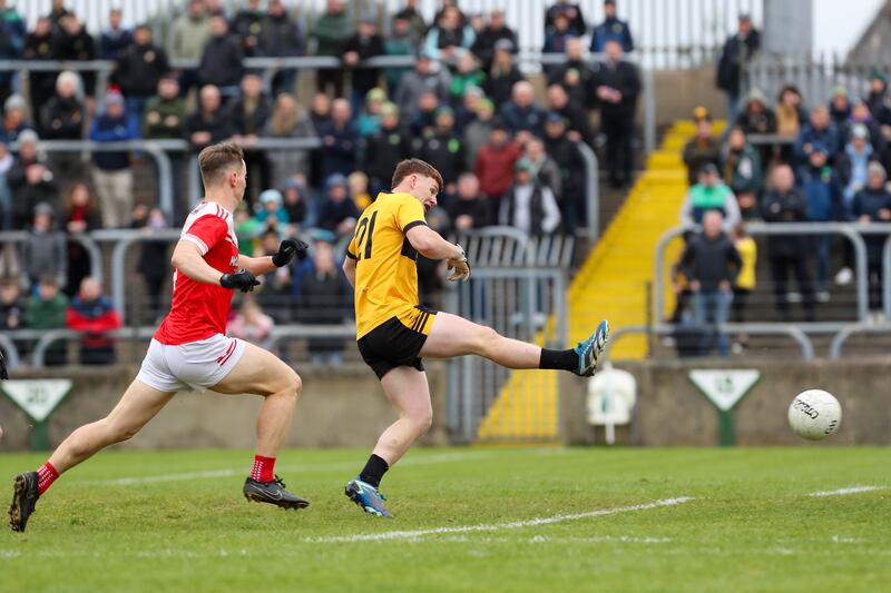 St Eunan's Conor O'Donnell Jnr scores a goal in the Donegal Senior Football Championship Final against Dungloe in Sean MacCumhaill Park. Photograph: Inpho
