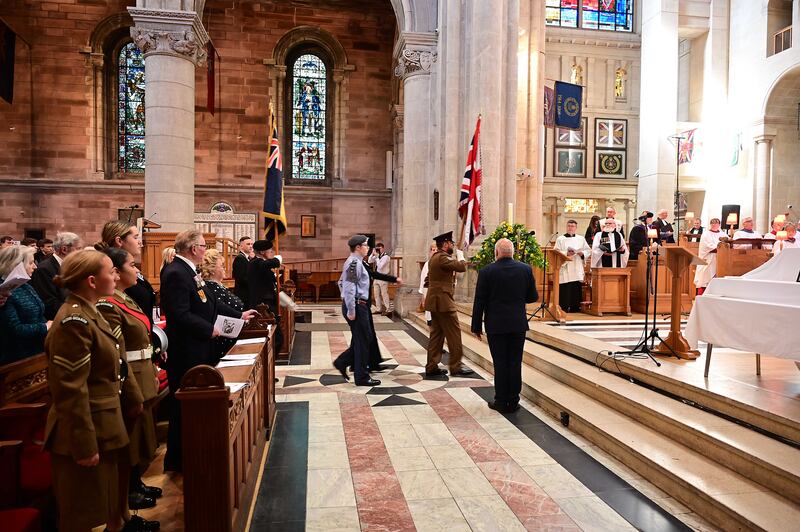 A civic service to mark VE Day at St Anne's Cathedral in Belfast on Sunday. Photograph: Arthur Allison/Pacemaker Press