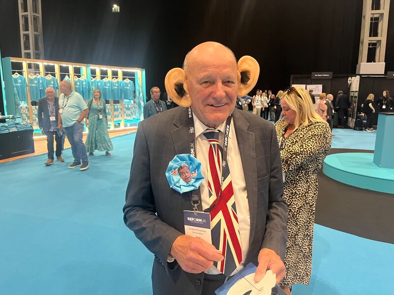 Herbert Crossman, a delegate at the Reform UK annual conference, drew an amused crowd as he performed impressions of a hapless Keir  Starmer. Photograph: Mark Paul