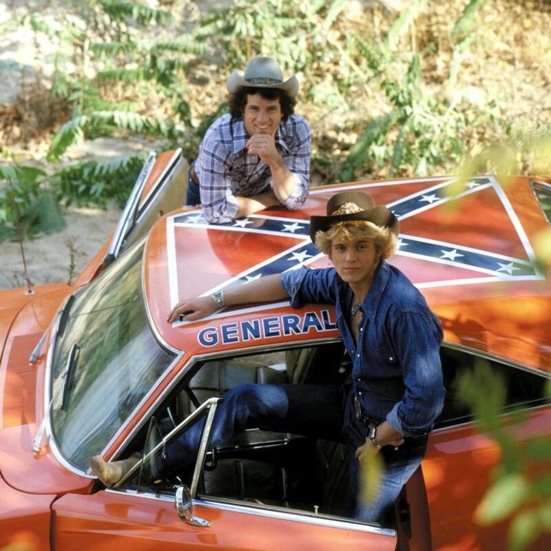 The American south on wheels: Tom Wopat and John Schneider with The Dukes of Hazzard’s star car, General Lee