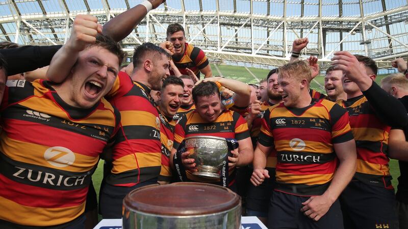 Lansdowne celebrate their AIL final win over Cork Constitution. Photograph: Oisin Keniry/Inpho