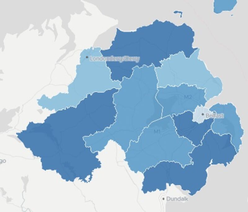ONS map showing "Life satisfaction". Belfast rated lowest in Northern Ireland.