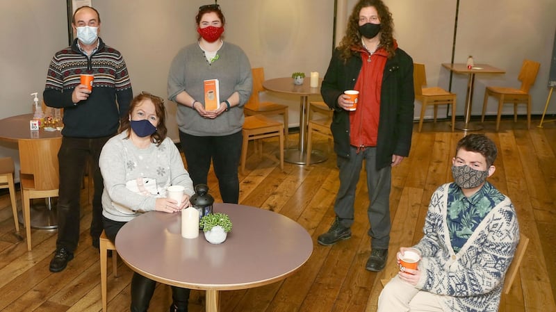 Galway Community Cafe: Standing, from left: David Bohan, Peer Connector, Rachel Maher, Peer Connector and Thom Stewart. Seated are Peer Connectors Geraldine O’Connor and Danni Burke. Photograph: Joe O’Shaughnessy