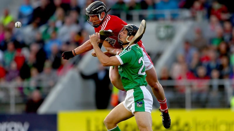 Cork’s Colm Spillane and Barry Murphy of Limerick clash during the round-robin game at Páirc Uí Chaoimh in 2018. Photograph: James Crombie/Inpho