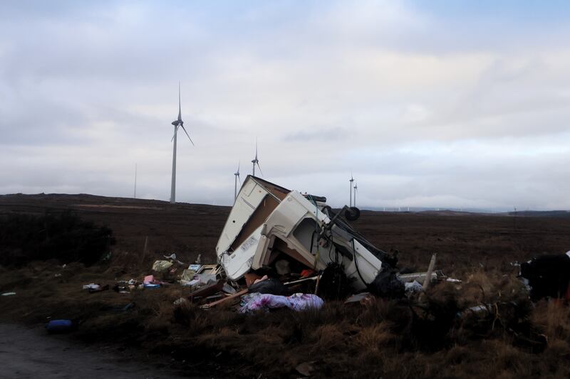 A caravan, upturned by Storm Éowyn, in Spiddal, Co Galway, earlier this year. Photograph: Ronan McGreevy/The Irish Times