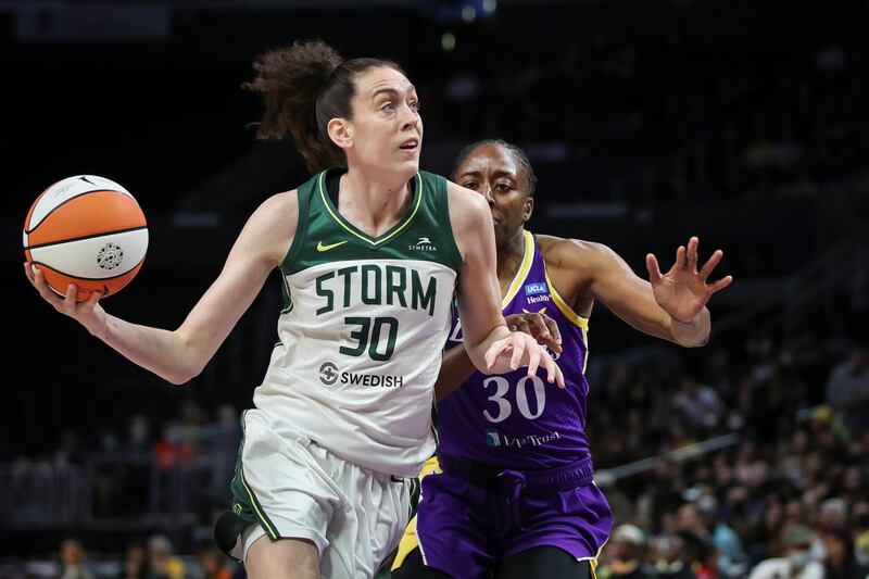 Breanna Stewart in action for Seattle Storm. She is acknowledged as one of the greats of the game. Photograph: Meg Oliphant/Getty Images
