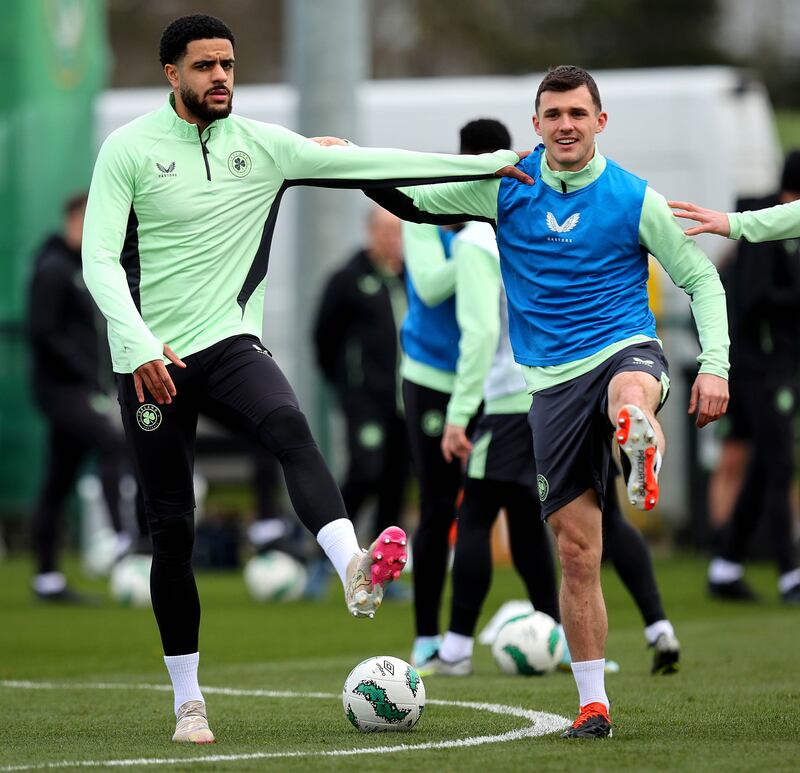 Andrew Omobamidele training with Jason Knight. Photograph: Ryan Byrne/Inpho