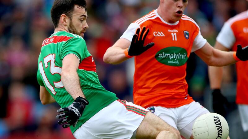 Mayo’s Kevin McLoughlin scoring his side’s second goal against Armagh in round three of the championship qualifiers. Photograph: James Crombie/Inpho