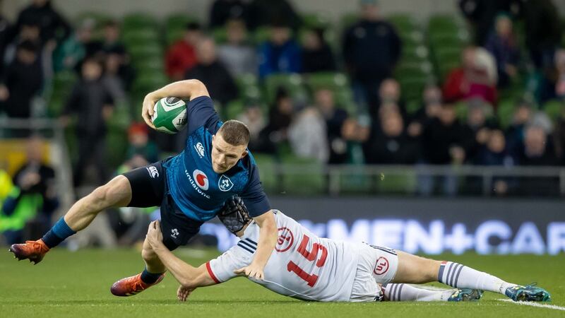 Ireland’s Andrew Conway is tackled by  Will Hooley of the USA during the autumn international against the USA at the Aviva stadium. Photograph: Morgan Treacy/Inpho