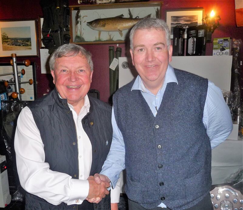Tomás Burke (right) with Ken Whelan following his talk on managing wild brown trout on western lakes