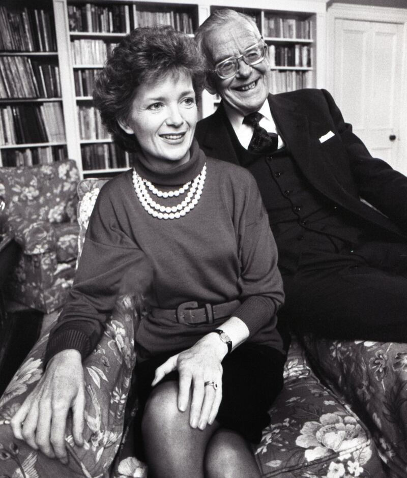 Mary Robinson at her home in Ranelagh  with her father, Dr Aubrey Bourke, on November 9th, 1990, as results came in from the presidential-election count and it was becoming clear that she had won. Photograph: Bryan O’Brien