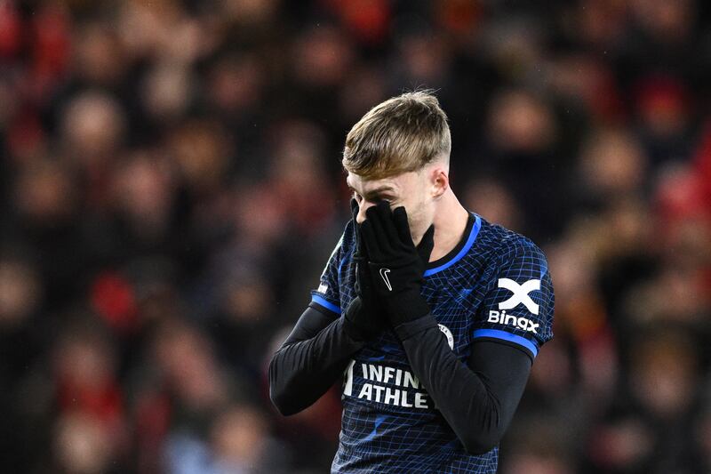 Chelsea's Cole Palmer reacts after a missed chance during the English League Cup first leg against Middlesbrough. Photograph: Oli Scarff / AFP