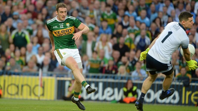 Dublin goalkeeper Stephen Cluxton saves from Kerry’s Stephen O’Brien late on in the All-Ireland replay at Croke Park. Photograph: Dara Mac Dónaill